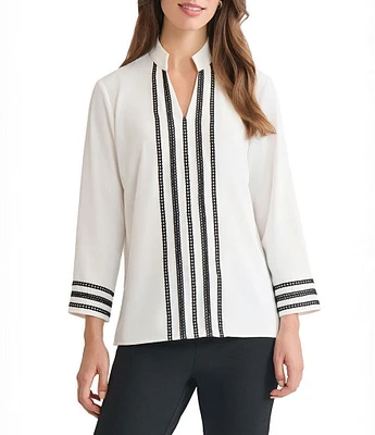 Ming Wang Ribbon Trim Crepe De Chine Mandarin V-Neck Bracelet Sleeve Blouse