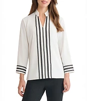 Ming Wang Ribbon Trim Crepe De Chine Mandarin V-Neck Bracelet Sleeve Blouse