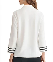 Ming Wang Ribbon Trim Crepe De Chine Mandarin V-Neck Bracelet Sleeve Blouse