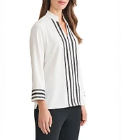 Ming Wang Ribbon Trim Crepe De Chine Mandarin V-Neck Bracelet Sleeve Blouse