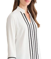 Ming Wang Ribbon Trim Crepe De Chine Mandarin V-Neck Bracelet Sleeve Blouse