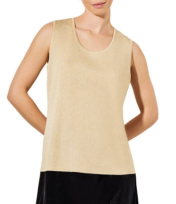 Ming Wang Scoop Neck Sleeveless Side Slit Metallic Shimmer Knit Tank