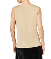 Ming Wang Scoop Neck Sleeveless Side Slit Metallic Shimmer Knit Tank