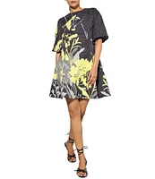 Ming Wang Shantung Crew Neck Elbow Puff Sleeve Fit And Flare Mini Dress