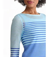 Ming Wang Sheer Stripe Knit Boat Neck 3/4 sleeve Tunic