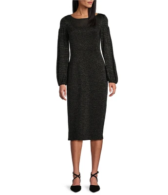 Ming Wang Shimmer Knit Boat Neck Long Balloon Sleeve Midi Sheath Dress