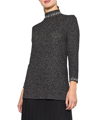 Ming Wang Shimmer Knit Embellished Mock Neck Bracelet Sleeve Sweater