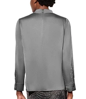 Ming Wang Shiny Crepe de Chine Woven Mock Neck Long Sleeve Side Slit Blouse