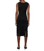 Ming Wang Soft Knit Boat Neck Long Sleeve Lacer Cut Fringe Hem Sheath Midi Dress