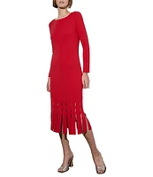 Ming Wang Soft Knit Boat Neck Long Sleeve Lacer Cut Fringe Hem Sheath Midi Dress