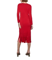 Ming Wang Soft Knit Boat Neck Long Sleeve Lacer Cut Fringe Hem Sheath Midi Dress