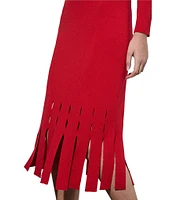 Ming Wang Soft Knit Boat Neck Long Sleeve Lacer Cut Fringe Hem Sheath Midi Dress