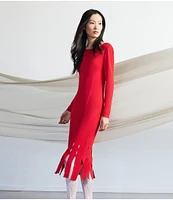 Ming Wang Soft Knit Boat Neck Long Sleeve Lacer Cut Fringe Hem Sheath Midi Dress