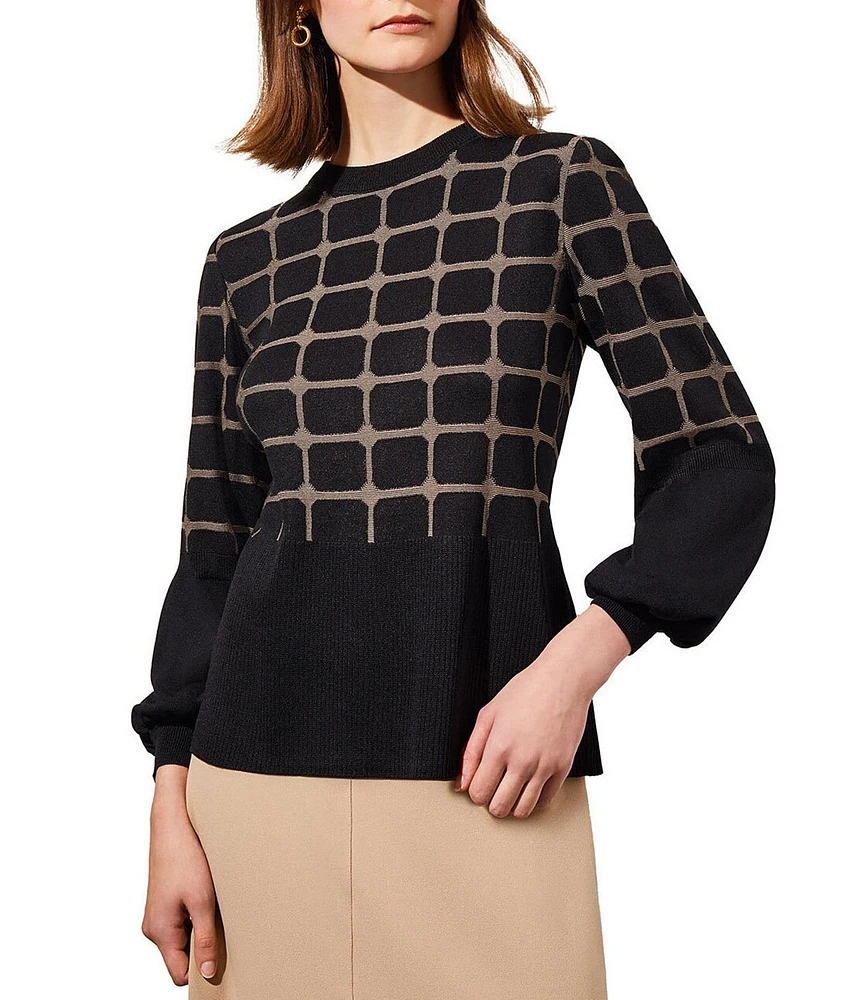 Ming Wang Soft Knit Checkered Print Crew Neck 3/4 Sleeve Contrasting Trim Tunic