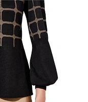 Ming Wang Soft Knit Checkered Print Crew Neck 3/4 Sleeve Contrasting Trim Tunic