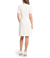 Ming Wang Soft Knit Floral Pattern Square Neck Short Sleeve Scallop Trim Dress