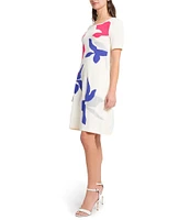 Ming Wang Soft Knit Floral Pattern Square Neck Short Sleeve Scallop Trim Dress