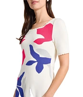 Ming Wang Soft Knit Floral Pattern Square Neck Short Sleeve Scallop Trim Dress