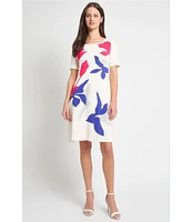 Ming Wang Soft Knit Floral Pattern Square Neck Short Sleeve Scallop Trim Dress