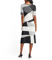 Ming Wang Soft Knit Jacquard Pattern Scoop Neck Short Sleeve Dress