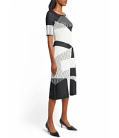 Ming Wang Soft Knit Jacquard Pattern Scoop Neck Short Sleeve Dress