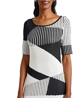 Ming Wang Soft Knit Jacquard Pattern Scoop Neck Short Sleeve Dress
