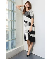 Ming Wang Soft Knit Jacquard Pattern Scoop Neck Short Sleeve Dress