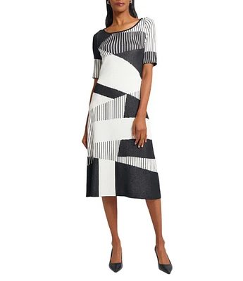 Ming Wang Soft Knit Jacquard Pattern Scoop Neck Short Sleeve Dress