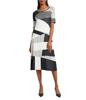 Ming Wang Soft Knit Jacquard Pattern Scoop Neck Short Sleeve Dress