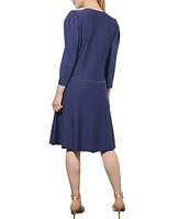 Ming Wang Soft Knit Pearl Button Detail V-Neck 3/4 Puff Sleeve A-Line Dress