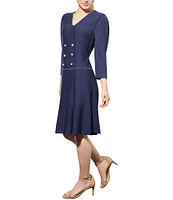 Ming Wang Soft Knit Pearl Button Detail V-Neck 3/4 Puff Sleeve A-Line Dress