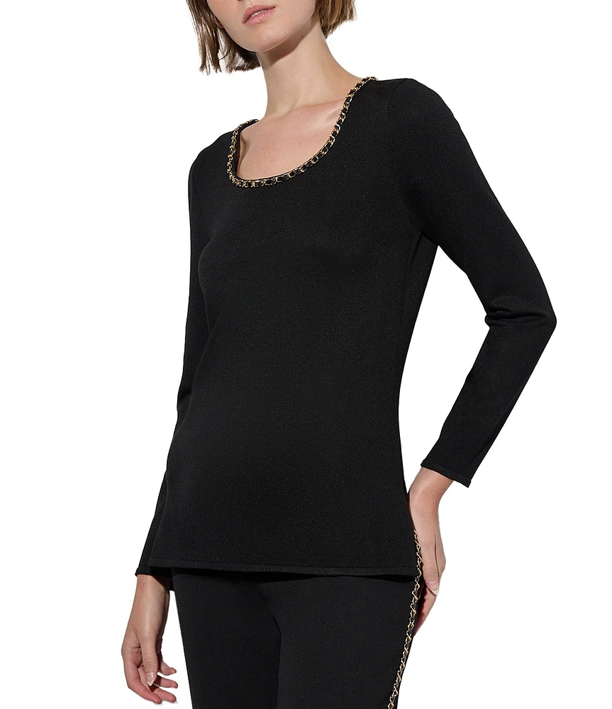 Ming Wang Soft Knit Scoop Neck Chain Detail Long Sleeve Tunic