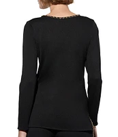 Ming Wang Soft Knit Scoop Neck Chain Detail Long Sleeve Tunic