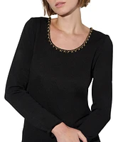 Ming Wang Soft Knit Scoop Neck Chain Detail Long Sleeve Tunic