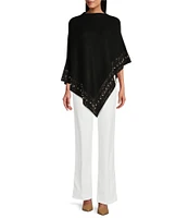 Ming Wang Soft Knit Shawl Collar Embellished Hem Poncho