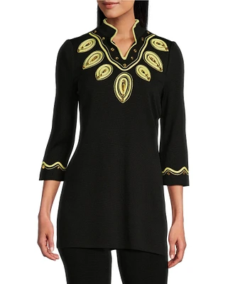 Ming Wang Soutache Trim Split Mandarin 3/4 Sleeve Jeweled Trim Side Slit Tunic