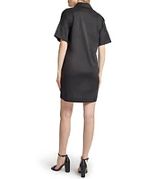 Ming Wang Stretch Cotton Floral Embroidered Point Collar V-Neck Short Sleeve Dress