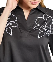 Ming Wang Stretch Cotton Floral Embroidered Point Collar V-Neck Short Sleeve Dress