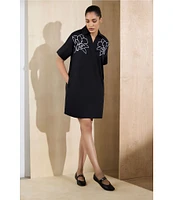 Ming Wang Stretch Cotton Floral Embroidered Point Collar V-Neck Short Sleeve Dress