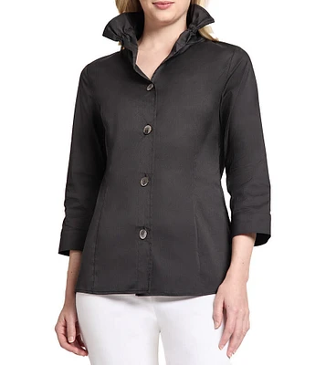 Ming Wang Stretch Cotton Poplin Ruffle Stand Collar Button Front Top