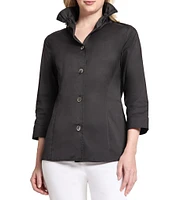 Ming Wang Stretch Cotton Poplin Ruffle Stand Collar Button Front Top