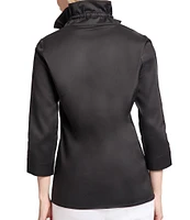Ming Wang Stretch Cotton Poplin Ruffle Stand Collar Button Front Top