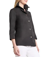 Ming Wang Stretch Cotton Poplin Ruffle Stand Collar Button Front Top