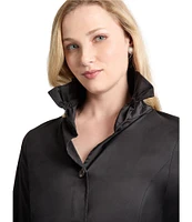 Ming Wang Stretch Cotton Poplin Ruffle Stand Collar Button Front Top