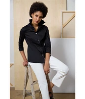 Ming Wang Stretch Cotton Poplin Ruffle Stand Collar Button Front Top