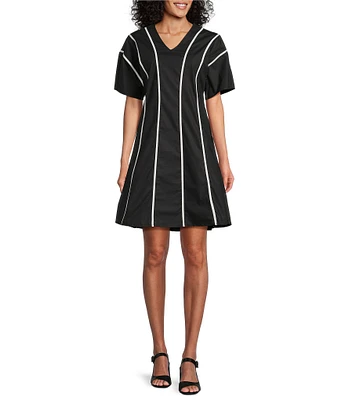 Ming Wang Stretch Cotton V-Neck Elbow Sleeve Fit-And-Flare Contrast Trim Dress