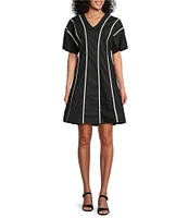 Ming Wang Stretch Cotton V-Neck Elbow Sleeve Fit-And-Flare Contrast Trim Dress