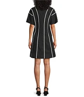 Ming Wang Stretch Cotton V-Neck Elbow Sleeve Fit-And-Flare Contrast Trim Dress