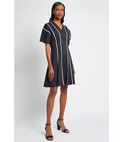 Ming Wang Stretch Cotton V-Neck Elbow Sleeve Fit-And-Flare Contrast Trim Dress