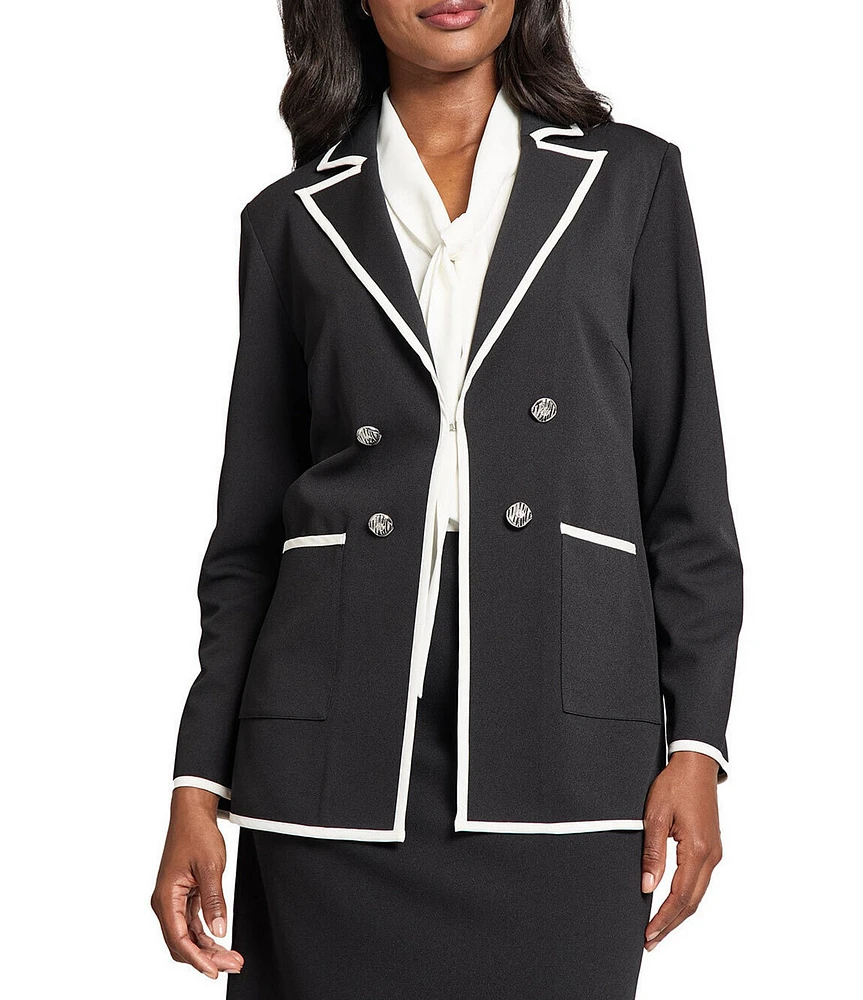 Ming Wang Stretch Deco Crepe Peak Collar Long Sleeve Contrast Trim Jacket